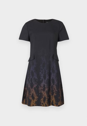 Short-sleeve, knee-length black dress with round neckline and gradient orange and purple snake skin pattern on the skirt.