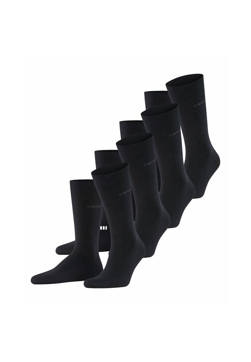 Calze nere in cotone, colore uniforme, con texture a costine, lunghezza fino al polpaccio, sei paia, dettagli del logo discreti sul lato. Design resistente e confortevole.