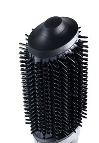 Zwarte ronde haarborstel met flexibele haren, handvat met textuur en een afgeronde top; ontworpen voor het stylen en ontwarren van haar.