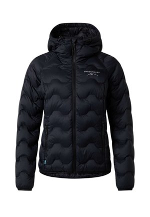 Veste noire matelassée à capuche avec fermeture éclair à l'avant, poches latérales zippées et logo Swedemount sur la poitrine.