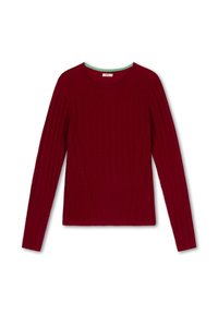 Bordeaux langwerpige trui met geribbelde textuur, ronde halslijn en geprinte zijdetails. Zachte stof met een aansluitend ontwerp.