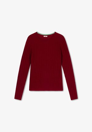 Bordeaux langwerpige trui met geribbelde textuur, ronde halslijn en geprinte zijdetails. Zachte stof met een aansluitend ontwerp.