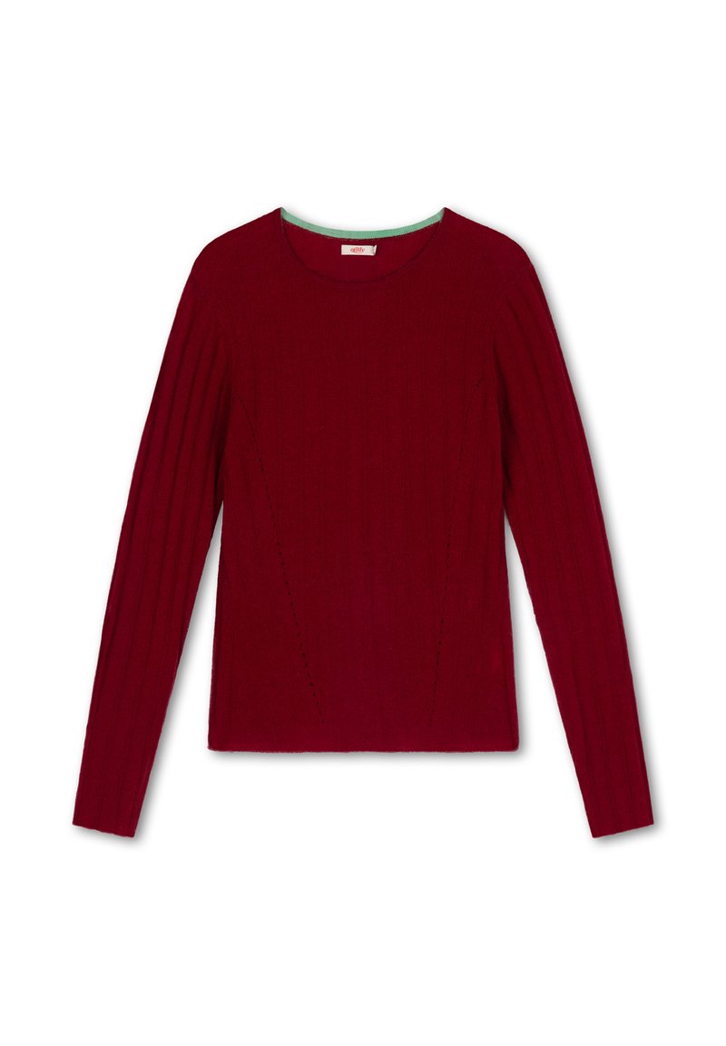 Bordeaux langwerpige trui met geribbelde textuur, ronde halslijn en geprinte zijdetails. Zachte stof met een aansluitend ontwerp.