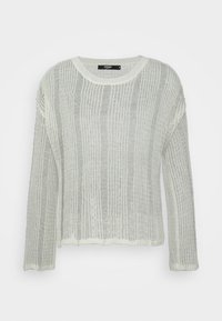 Ljusgrå långärmad stickad tröja med vertikal ribbad struktur och rund halsringning, uppvisad på en enkel vit bakgrund.