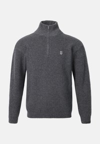Grauer gerippter Pullover mit einem halben Reißverschluss und einem kleinen Emblem auf der linken Brust. Hergestellt aus strukturiertem Strickstoff.
