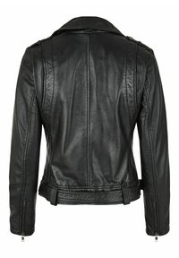 Schwarze Lederjacke mit klassischem Kragen, Reißverschlussmanschetten und seitlichen Gurtdetails. Glatte Textur und figurbetonte Silhouette mit Nahtakzenten.