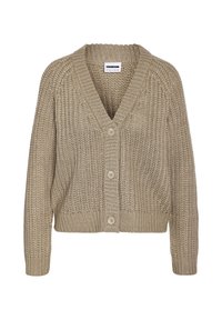 Beige neulecardigan, jossa on V-pääntie, pitkät hihat ja neljä nappikiinnitystä. Sisältää teksturoitua kuviota ja ribbireunuksen.
