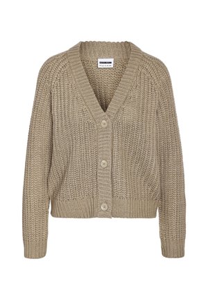 Cardigan en tricot beige avec un décolleté en V, des manches longues et quatre boutons. Il présente un motif texturé et un ourlet côtelé.