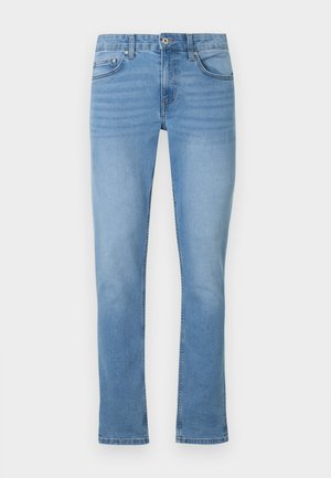 Lichtblauwe spijkerbroek met een rechte pijp, vijf zakken, knoopsluiting en subtiele vervaging aan de voorkant.