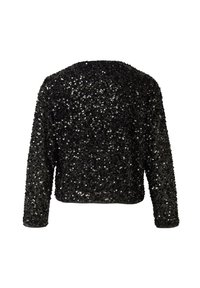 Czarna, długo rękawowa kurtka typu cropped, gęsto pokryta błyszczącymi czarnymi cekinami, pokazana z tyłu na białym tle.