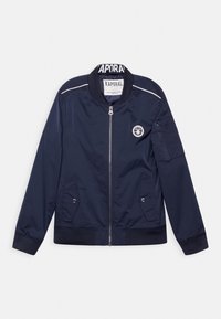 Navy bomber jacket with a zip closure, ribbed cuffs and hem, two side pockets, and a logo patch on the chest. Features white accent stripes.