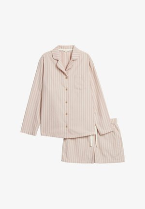 Lichtroze gestreept pyjamaset met een lange mouwen, knoopsluitend bovenstuk met een zak en een bijpassende short met een elastische tailleband.