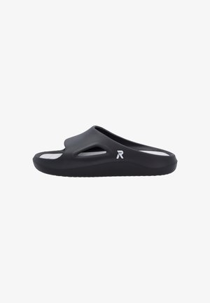 Black slide sandal made of flexible material, featuring an open design, cut-out accents, and a white insole with logo detail.