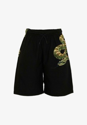 Pantaloncini neri con vita elastica e coulisse, con una grande grafica dettagliata di un serpente verde e marrone sulla gamba destra.