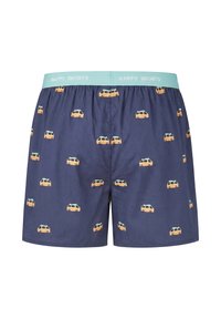 Boxer homme bleu marine avec un motif de petits vans orange, avec une ceinture élastique bleu clair imprimée "HAPPY SHORTS".