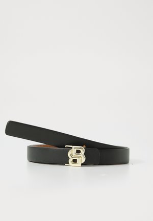 Black leather belt with a gold-tone buckle featuring a prominent "B" logo. Smooth texture, rectangular shape, and polished finish.