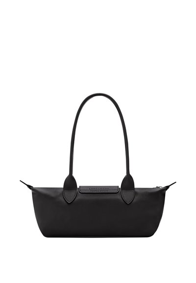 Black rectangular leather handbag with long handles and a top zipper, featuring a small branded patch on the front center.
