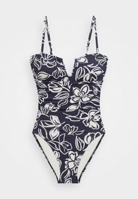 Én-delt badedrakt i marineblå med hvit blomsterprmønster, med justerbare stropper og dyp utringning, laget av stretchstoff.
