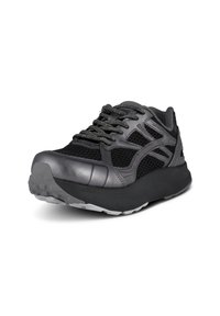Black athletic shoe with mesh upper, silver accents, lace closure, cushioned sole, and textured outsole for grip.