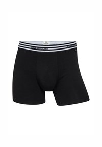 Sorte bokser-shorts lavet af blødt stof, med en stribet sort og grå elastik i taljen med tekstbranding. Klassisk form med en behagelig pasform.