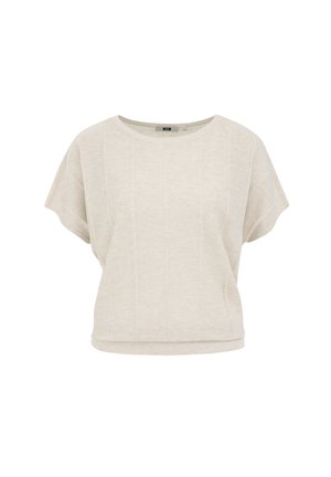Light beige short-sleeve top with a round neckline, featuring vertical ribbed texture and a relaxed fit at the hem. Soft fabric.