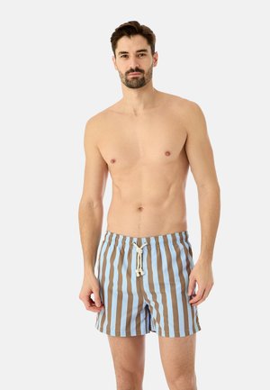 Mann mit kurzen dunklen Haaren und Bart, trägt blau-braune, vertikal gestreifte Badeshorts mit weißem Kordelzug, steht vor einem hellen Hintergrund.