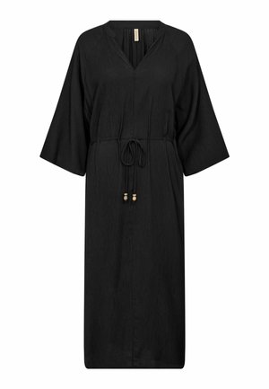 Rochie midi neagră cu decolteu în V, mâneci largi trei sferturi, țesătură texturată și cordon de talie reglabil cu accente de mărgele din lemn.