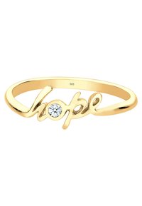 Guldring med ordet "håb" i et kursivskrift, prydet med en central klar ædelsten, glat overflade og slank ring.