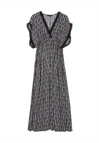 Robe maxi noir et blanc avec un motif de feuilles, décolleté en V, taille élastique et manches volantées. Tissu léger et silhouette décontractée.