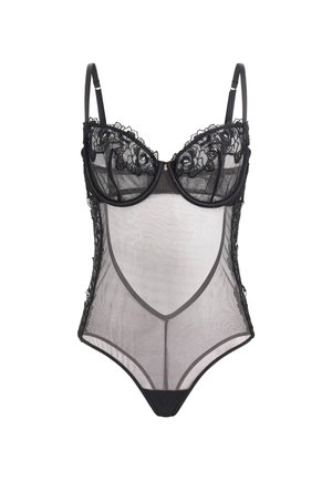 Zwarte kanten bodysuit met doorzichtig materiaal, bloemenkant accenten bij de buste, onderwire ondersteuning, verstelbare bandjes en een stringsnit.