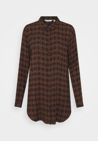 Long-sleeve button-up shirt in black and dark orange, featuring a geometric leaf pattern, soft fabric, and rounded hem.