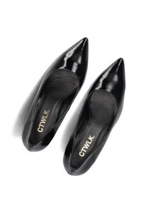 Black patent leather high heels with pointed toes, featuring a glossy finish and inner logo detailing. Smooth texture and sleek design.
