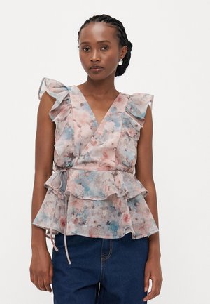 Bloes met bloemmotief, voorzien van zachte rimpels, pastelkleuren van roze en blauw, een peplumzoom en een strikceintuur in de taille. Lichtgewicht stof.