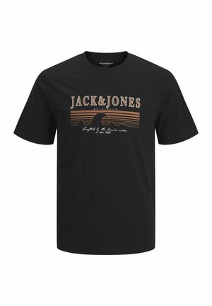 Schwarzes Baumwoll-T-Shirt mit kurzen Ärmeln, mit dem "JACK & JONES"-Logo in Weiß und Orange, gewelltem Linienmuster über dem Text.