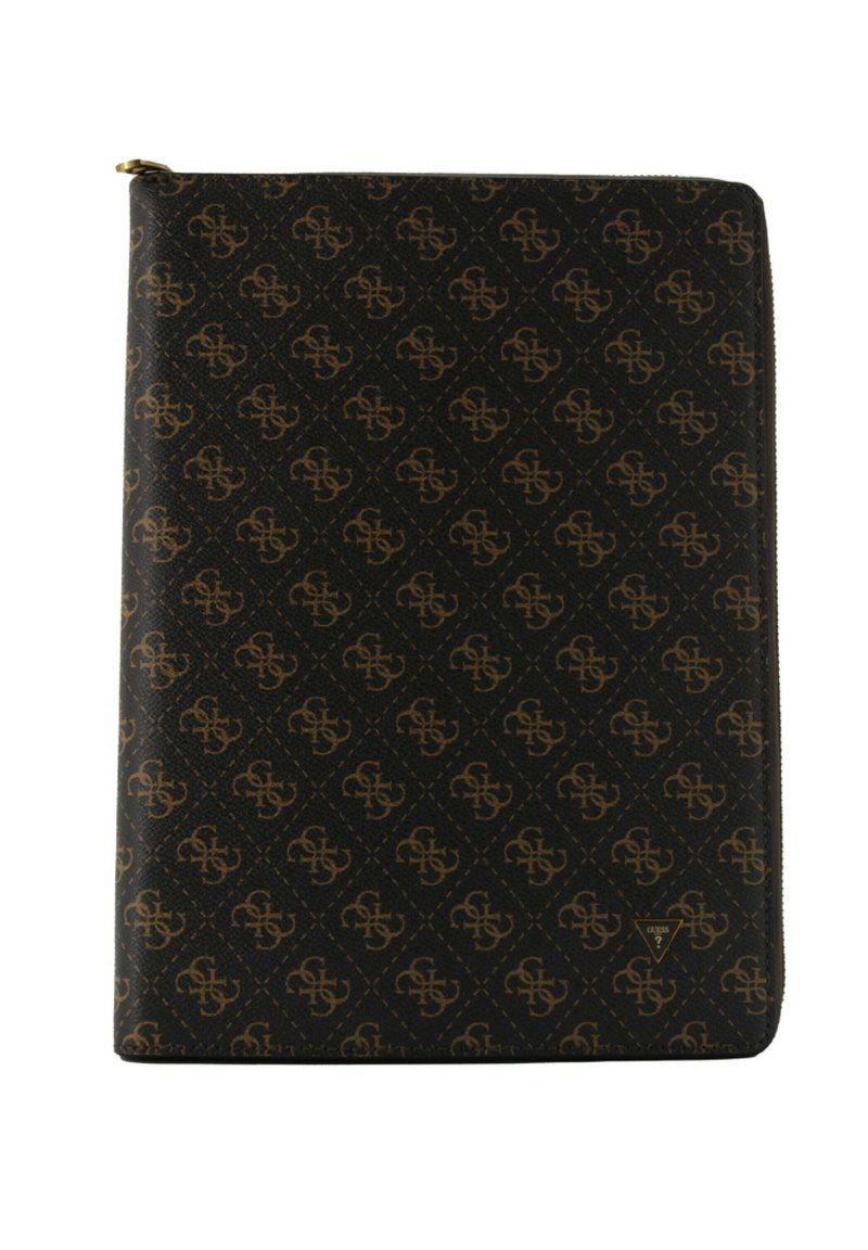 Portafoglio con zip, dall'esterno a motivi neri e marroni, caratterizzato da un logo e motivi a diamante. Texture liscia e forma rettangolare.