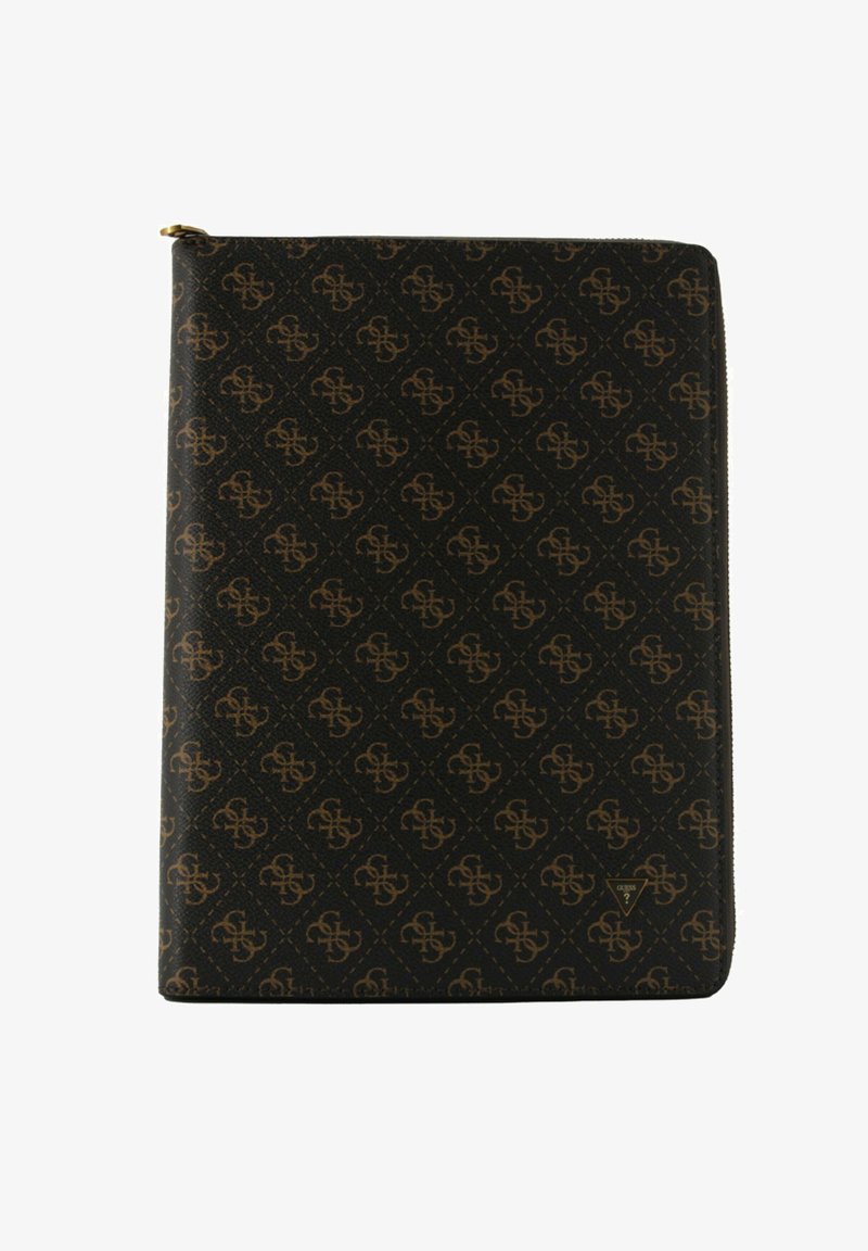 Portafoglio con zip, dall'esterno a motivi neri e marroni, caratterizzato da un logo e motivi a diamante. Texture liscia e forma rettangolare.