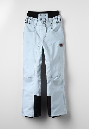 Lyseblå vinterbukser med sorte forstærkede manchetter, to sidelommer, bæltestropper og justerbare taljebånd.