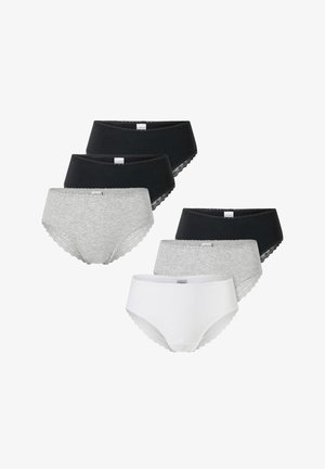 Set di sette paia di biancheria intima da donna in nero, grigio e bianco. Caratteristiche includono bordo in pizzo, materiale in cotone, design a vita media e texture liscia.
