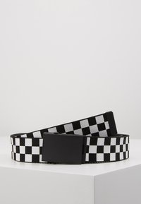 Black and white checkered belt made of woven fabric, featuring a rectangular black buckle and smooth texture.