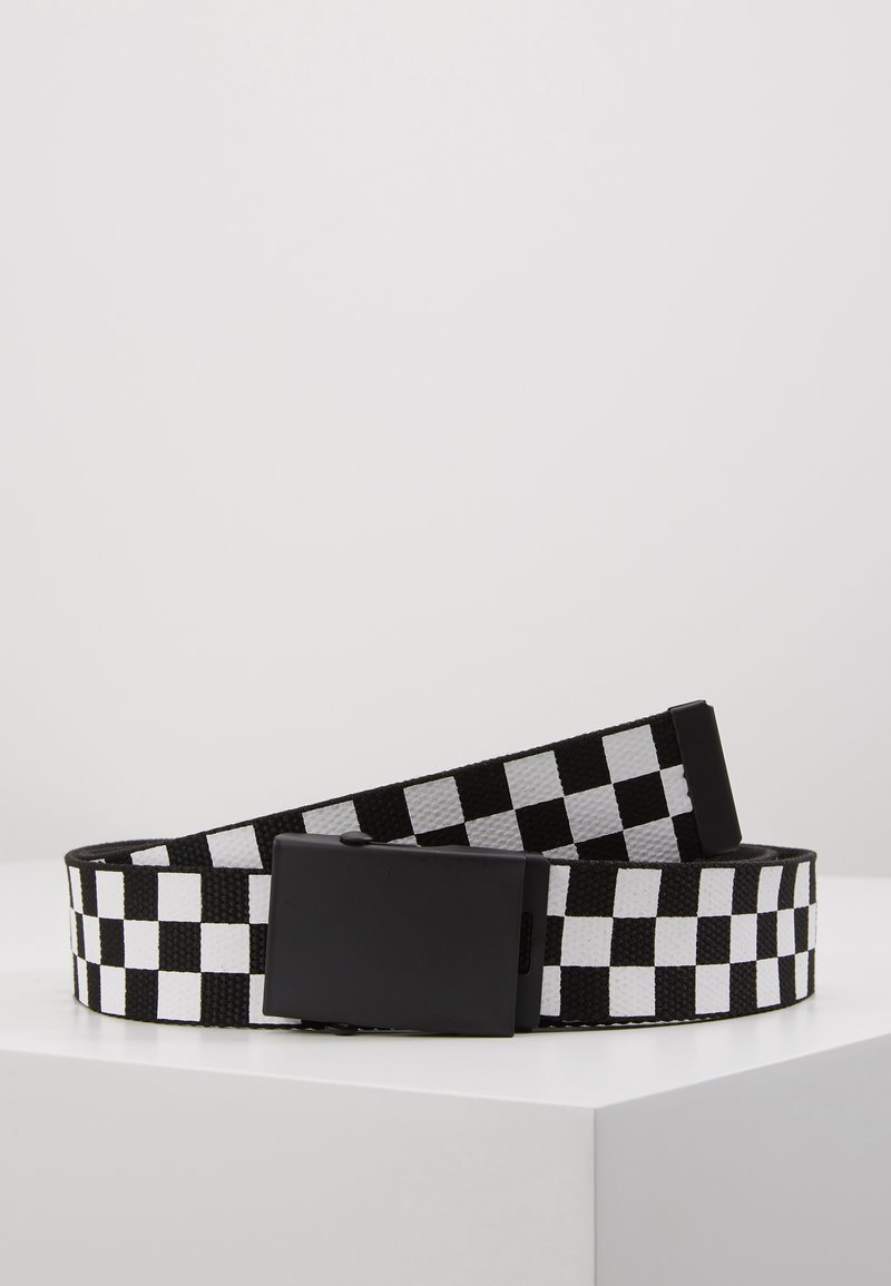 Black and white checkered belt made of woven fabric, featuring a rectangular black buckle and smooth texture.