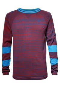 Pull à manches longues et encolure ronde avec rayures horizontales rouges et bleues, col et poignets côtelés, présentant un motif tricoté texturé.