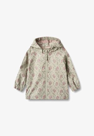 Veste de pluie légère à motif floral avec capuche. Présente des poignets élastiques et une fermeture éclair frontale dans un schéma de couleurs vert pâle et rose.