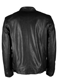 Zwarte leren jas met een gladde textuur, gestructureerde pasvorm en een klassieke kraag. Naaddetails lopen verticaal over de rug.