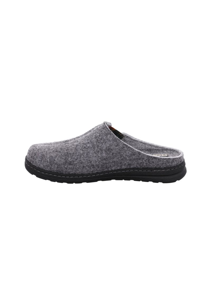 Harmaat puukengät avonaisella takalla, joissa on teksturoitu pinta, musta kumi-pohja ja kontrastivärinen ommel reunoilla.