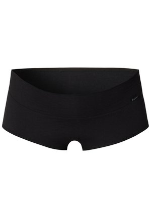 Schwarze Baumwoll-Boyshorts mit einem breiten Bund, flachen Nähten und einem kleinen Ausschnitt auf der Rückseite. Minimalistisches Branding an der Seite.