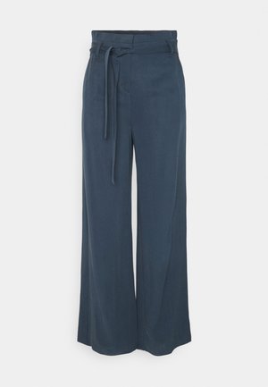 Navy blue wide-leg trousers with a high waist and fabric belt tied at the front, featuring belt loops and a concealed zipper.