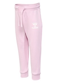 Rosa bomullsjoggers med ribbad midja och manschetter, med en vit logotyp på vänster lår och sidopaneldetaljer.