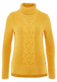 Gelber Strickpullover mit hohem Kragen, mit zentralem Zopfmuster, gerippten Bündchen und Saum. Weiche Textur und warmes Erscheinungsbild.