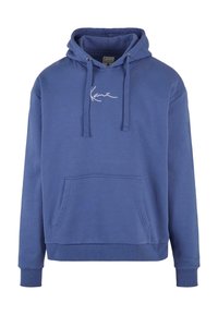 Felpa blu in cotone con tasca a marsupio, cordini e logo ricamato bianco sul petto. Presenta polsini e orlo a costine.