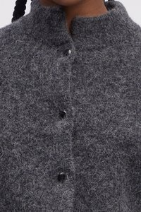 Gray woolen cardigan with a high neckline, featuring textured fabric, front buttons, and a soft, fuzzy appearance.